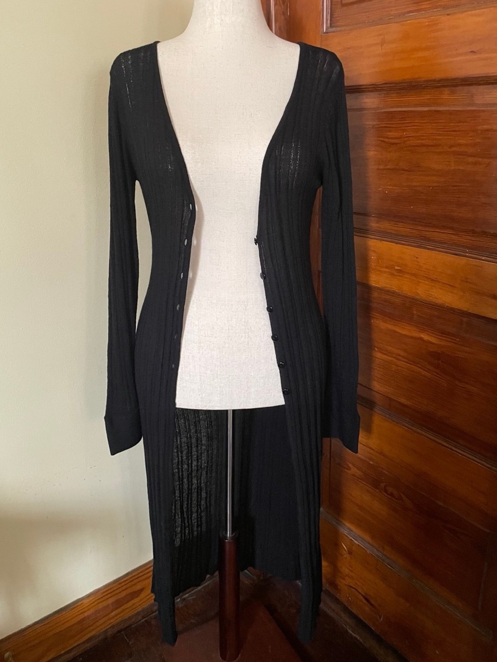 52 Weekends Long Black Ribbed Button-Front Cardigan